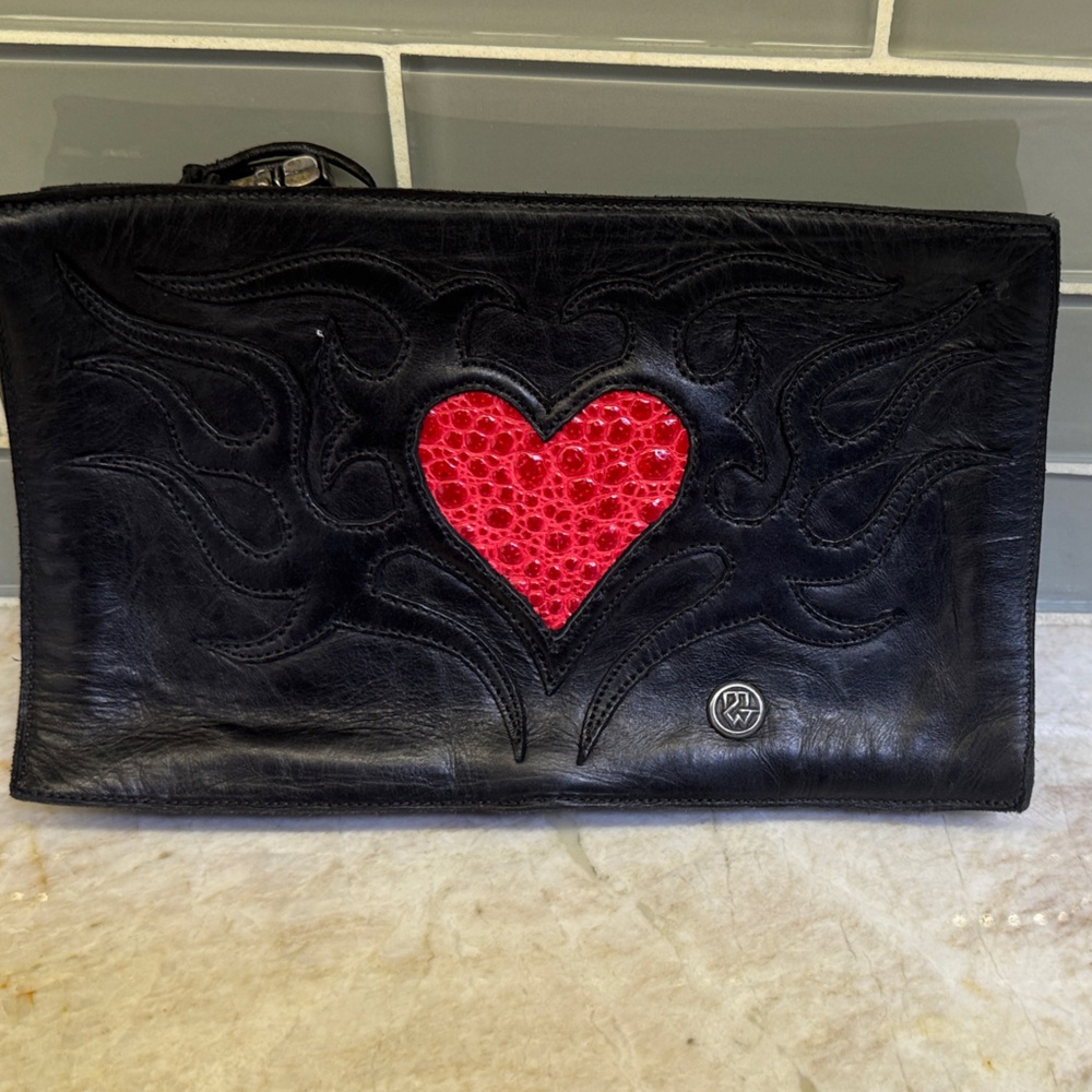 Black Leather Clutch with Red Heart by Double Cross custom made one of a kind